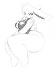  anthro behemuffin blush breasts clothed clothing cupcake_(oriole) digital_media_(artwork) female half-closed_eyes hi_res lagomorph leotard looking_at_viewer mammal monochrome rabbit shoulder_tuft simple_background sitting solo thick_thighs tuft white_background 