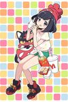  animal_ears bag black_hair blue_eyes blush cat_ears chicken_nuggets commentary_request cup disposable_cup eating food french_fries gen_7_pokemon hamburger hat litten mcdonald's mitsuya_bonjin mizuki_(pokemon) napkin pokemon pokemon_(creature) pokemon_(game) pokemon_sm shirt short_hair shorts sweatdrop tail tied_shirt tongue tongue_out 