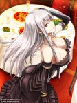  alternate_costume ass backless_dress backless_outfit black_dress bracelet breasts champagne_flute cleavage cup dress drinking_glass earrings elbow_gloves food gloves hand_in_hair jewelry large_breasts lipstick long_hair looking_at_viewer makeup necklace pearl_necklace pizza red_eyes selvaria_bles senjou_no_valkyria senjou_no_valkyria_1 silver_hair solo sparkle table tablecloth tea_(nakenashi) watermark 