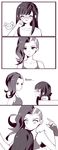 4koma absurdres asymmetrical_hair atobesakunolove beer_can blush breasts can casual closed_eyes comic d.va_(overwatch) drunk earrings english facial_mark facing_another fingerless_gloves glomp gloves highres hug jewelry long_hair looking_at_another medium_breasts mole mole_under_eye monochrome multiple_girls overwatch parted_lips shirt short_sleeves simple_background sombra_(overwatch) stud_earrings surprised t-shirt tank_top trembling upper_body whisker_markings white_background wide-eyed yuri 