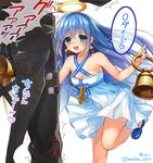  1girl bell bell_earrings bellringer_angel blue_eyes blue_hair commentary_request crotch_kick dress earrings eyebrows_visible_through_hair halo highres jewelry mashu_003 ribbon shadowverse shoes translated 