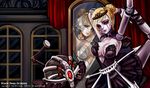  1girl android blonde_hair blue_eyes breasts cleavage crown dual_persona goth gothic league_of_legends mirror orianna_reveck red_eyes sinbe skirt tears 