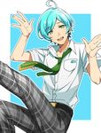  1boy 92_(artist) ahoge aqua_hair blue_hair ensemble_stars! green_necktie highres looking_at_viewer male_focus necktie pants plaid plaid_pants school_uniform shinkai_kanata shirt_tucked_in smile solo 