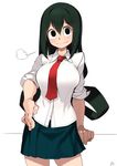  :&gt; arm_at_side asui_tsuyu black_eyes blush boku_no_hero_academia breasts breath closed_mouth cowboy_shot green_hair hair_rings hand_on_hip highres large_breasts long_hair looking_at_viewer necktie pleated_skirt rheez school_uniform shiny shiny_hair sidelocks sigh signature simple_background skirt sleeves_rolled_up smile solo standing u.a._school_uniform white_background 