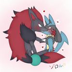  &lt;3 ambiguous/ambiguous ambiguous_gender blush cpright:pok&eacute;mon duo fur kissing lucario nintendo pok&eacute;mon simple_background video_games zoroark ゾロルカ 