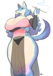  anthro big_breasts blue_fur breast_rest breasts canine clothing female fox fur holding_breast looking_at_viewer mammal multicolored_fur nipple_bulge panties simple_background solo theycallhimcake thick_thighs translucent two_tone_fur underwear voluptuous white_background 