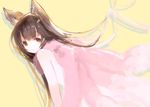  animal_ears aster_(granblue_fantasy) bangs brown_eyes brown_hair erune feather_boa from_behind granblue_fantasy hair_ornament koza_game long_hair looking_back nude simple_background solo yellow_background 