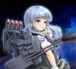  cloud cloudy_sky fisheye gloves hatsukaze_(kantai_collection) horizon kantai_collection long_hair looking_at_viewer machinery night night_sky ocean school_uniform silver_eyes silver_hair sky solo sparkle tk8d32 turret vest white_gloves 