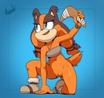  2016 anthro argento armpits badger black_nose blue_eyes boomerang bottomless bracelet brown_fur brown_hair clothed clothing crouching female footwear fur hair hi_res jewelry long_hair looking_up mammal mustelid navel necklace open_mouth orange_fur orange_hair pussy shoes smile solo sonic_(series) sonic_boom sticks_the_jungle_badger 