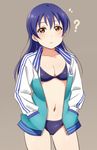  ? bangs bikini blue_bikini blue_hair breasts brown_eyes cleavage cowboy_shot grey_background hands_in_pockets jacket light_frown long_hair long_sleeves love_live! love_live!_school_idol_project navel open_clothes open_jacket simple_background small_breasts solo sonoda_umi swimsuit turkey_min yellow_eyes 