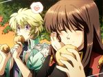  2girls bangs blonde_hair blue_eyes blush brown_hair eating ester_elhas eyes_closed food heart long_hair multiple_girls pixie_cut setsuko_ohara short_hair smile speech_bubble sunset super_robot_wars super_robot_wars_z2 tree uniform 