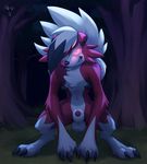  2016 animal_genitalia animal_penis balls canine canine_penis claws digitigrade forest front_view fur glowing glowing_eyes grin hi_res hunched_over licking licking_lips looking_at_viewer lycanroc male mammal midnight_lycanroc multicolored_fur nawka night penis penis_tip pink_eyes rape_face red_fur semi-anthro sheath solo standing tongue tongue_out tree two_tone_fur white_fur 