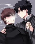  anger_vein bad_id bad_pixiv_id blowing_smoke brown_eyes brown_hair cassock cigarette cross cross_necklace emiya_kiritsugu facial_hair fate/stay_night fate/zero fate_(series) habit holding jewelry kotomine_kirei labcoat male_focus multiple_boys necklace necktie nerd_(seouryong) priest pulled_by_another simple_background smoke smoke_trail smoking standing stubble yaoi 