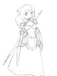  1girl armor arthuria_(camel) camel_(dansen) female lance monochrome original shield smile solo sword weapon 