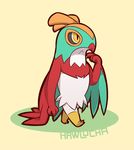  bird character_name claws feathers full_body hawlucha no_humans pokemon pokemon_(game) pokemon_xy red_wings technoga wings yellow_background yellow_eyes 