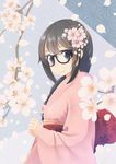  bad_id bad_pixiv_id black_hair blue_eyes cherry_blossoms glasses highres japanese_clothes kimono long_hair looking_at_viewer nekobaka original solo 