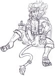  anthro ballsack_outline bancholeomon barefoot bulge circumcised clothed clothing digimon erection farmers_gum feline greyscale hat humanoid_penis line_art lion looking_at_viewer male mammal mane melee_weapon monochrome muscular naughty_face open_pants oral_fixation penis poking_out pubes queenkami sitting solo spread_legs spreading sword topless weapon 