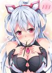  ahoge bare_shoulders blush breasts cleavage food innocent_cluster large_breasts light_blue_hair long_hair matoi_(pso2) milkpanda mouth_hold phantasy_star phantasy_star_online_2 pink_eyes pocky solo speech_bubble spoken_blush 