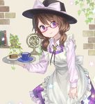  alternate_eye_color ama-tou apron armillary_sphere bolo_tie book bookshelf bow brick brown_hair buttons cake collarbone collared_shirt crescent cup fingernails flower_pot food frills glasses hat hat_bow highres holding holding_tray indoors jpeg_artifacts leaf leaning_to_the_side long_sleeves looking_at_viewer low_twintails pink_lips plaid plaid_shirt plaid_skirt plant plate purple_eyes quimbaya_airplane red-framed_eyewear saucer semi-rimless_eyewear shelf shirt short_twintails skirt sleeve_cuffs sleeveless sleeveless_shirt smile solo star star_print touhou tray twintails under-rim_eyewear usami_sumireko vase wall 
