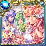  3girls :o animal_ears blue_eyes blue_hair bouquet bride elemia_(guilty_dragon) facial_mark flower fox_ears gem green_eyes green_hair guilty_dragon hair_bun hair_flower hair_ornament jewelry kazura_enji kokore_(guilty_dragon) long_hair looking_at_viewer multiple_girls necklace pink_hair red_flower red_rose rose short_hair smile star tattoo upper_body wolf_of_the_wilderness_(guilty_dragon) yellow_eyes 