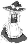  ama-tou apron bow braid buttons dress frilled_dress frills greyscale hair_ribbon halftone hand_on_headwear hat hat_bow jpeg_artifacts kirisame_marisa looking_down monochrome profile puffy_short_sleeves puffy_sleeves ribbon short_sleeves simple_background skirt_hold solo touhou waist_apron wavy_hair white_background witch_hat 