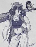  anthro black-husky black_nose breasts canine clothed clothing doll ear_piercing eyebrows eyelashes female fingerless_gloves fur gloves hair holding_object holding_weapon looking_at_viewer mammal midriff navel piercing side_hips simple_background sketch smile solo weapon white_background wolf 