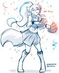  2019 anthro blush canid canine canis cheerleader clothed clothing dialogue digitigrade embarrassed english_text eyes_closed female hi_res keidran knee_socks laugh legwear mammal midriff miniskirt monochrome navel pom_poms ponytail raine_silverlock simple_background sketch skirt smile socks solo stockings sweat text tom_fischbach twokinds webcomic white_background wolf 