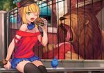  ahoge animal artoria_pendragon_(all) bare_shoulders bird black_legwear blonde_hair casual fate/stay_night fate_(series) fence food green_eyes hamburger hat lion looking_at_viewer meat one_eye_closed open_mouth pleated_skirt saber sitting skirt solo teeth thighhighs tongue tsuki_suigetsu 