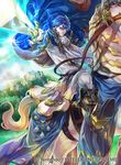  blue_hair boots cape castle company_connection copyright_name day fire_emblem fire_emblem:_seisen_no_keifu fire_emblem_cipher glowing glowing_weapon holding holding_weapon horse looking_at_viewer male_focus official_art outdoors riding sigurd_(fire_emblem) suzuki_rika sword tyrfing_(fire_emblem) weapon 