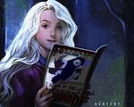  1girl artist_name blonde_hair blue_eyes harry_potter luna_lovegood magazine numyumy reading solo sweater 