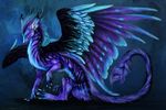  ambiguous_gender blue_feathers blue_fur claws digital_media_(artwork) dragon feathered_dragon feathers feral fur furred_dragon horn isvoc purple_feathers purple_fur simple_background sitting smile solo 