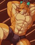  2016 abs abstract_background anthro armpits biceps big_muscles bound boxers_(clothing) brown_fur brown_nose bulge chain clothed clothing countershading digital_media_(artwork) ear_piercing eyebrows fangs feline front_view fur green_eyes handcuffs hands_behind_head industrial_piercing istani looking_at_viewer male mammal multicolored_fur muscular muscular_male pecs piercing pj_saber saber-toothed_cat sabertooth_(feature) shackles solo tan_fur topless triceps two_tone_fur underwear 