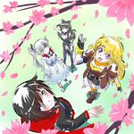  arm_up black_hair blake_belladonna blonde_hair blue_eyes cherry_blossoms falling_petals from_above grey_eyes highres iesupa multiple_girls open_hand outstretched_hand pantyhose petals purple_eyes ruby_rose rwby thighhighs weiss_schnee white_hair yang_xiao_long yellow_eyes 