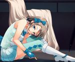  argyle argyle_legwear bare_shoulders blue_bow blue_eyes blue_gloves bow fingerless_gloves from_side gloves grey_hair hair_bow hand_on_own_leg highres leaning_forward looking_at_viewer looking_to_the_side love_live! love_live!_sunshine!! nanotsuki on_floor open_mouth pleated_skirt sitting skirt solo thighhighs watanabe_you zettai_ryouiki 
