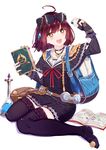  1girl :d ahoge atelier_(series) atelier_sophie backpack bag bangs belt_pouch black_bow black_dress black_legwear bob_cut book bookmark bow breasts brown_eyes brown_hair crystal dress erlenmeyer_flask full_body garters glint gloves hair_bow hand_up happy highres holding holding_book jewelry lace-trimmed_bow liquid looking_at_viewer marble medium_breasts necklace open_book open_mouth partly_fingerless_gloves pom_pom_(clothes) pouch red_ribbon ribbon ribbon_trim ryuuno6 scroll short_dress short_hair short_sleeves simple_background sitting smile sophie_neuenmuller tassel thighhighs wariza white_background wide_sleeves 