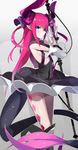  2016 aosora_kamiya argyle armpits artist_name bent_tail black_dress blue_eyes blush closed_mouth cowboy_shot curled_horns detached_sleeves dragon_tail dress elizabeth_bathory_(fate) elizabeth_bathory_(fate)_(all) fate/extra fate/extra_ccc fate_(series) from_side hair_ribbon highres holding holding_weapon long_hair looking_at_viewer looking_to_the_side md5_mismatch pink_hair pointy_ears purple_ribbon ribbon sarkany_csont_landzsa sidelocks smile solo tail weapon 