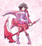  :&gt; alternate_color black_hair blush boots branch cape cherry_blossoms corset crescent_rose cross-laced_footwear full_body gradient_hair hand_on_hip highres iesupa multicolored_hair pantyhose petals ruby_rose rwby scythe solo tree wind wind_lift 