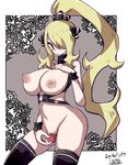  alternate_hairstyle blonde_hair breasts crotch_rub hair_over_one_eye high_ponytail lamb-oic029 looking_at_viewer nipples pokemon pokemon_(game) pokemon_dppt ponytail pussy pussy_juice shirona_(pokemon) smile solo strap thighhighs 