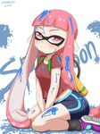  1girl 2016 artist_name bike_shorts blush closed_mouth copyright_name domino_mask female_inkling ink inkling looking_at_viewer mask morris nintendo pink_eyes pink_hair pointy_ears shirt short_sleeves sitting sneakers solo splatoon tentacle_hair white_background 