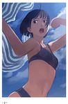  absurdres antenna_hair bare_shoulders bikini black_eyes black_hair blue_bikini blue_sky collarbone day from_below highres navel open_mouth original short_hair sky solo swimsuit takamichi towel 