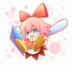  :d blue_eyes blush bow crystal dress fairy fairy_wings full_body hair_between_eyes hair_bow kirby_(series) kirby_64 long_sleeves looking_at_viewer neru_(neruneruru) open_mouth pink_background pink_hair red_bow red_dress ribbon_(kirby) shoes smile solo white_background wings yellow_footwear 