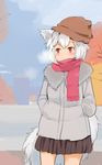  alternate_costume animal_ears beanie breath coat contemporary hands_in_pockets hat highres inubashiri_momiji scarf sinzan sketch skirt solo tail touhou winter_clothes winter_coat wolf_ears wolf_tail 