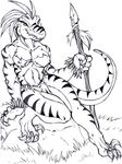  anthro breasts clothing dinosaur female loincloth looking_at_viewer melee_weapon monochrome nipple_bulge polearm raptor rollingslash solo spear stripes teeth theropod weapon 