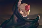  ainy77 arm_up backlighting bad_id bad_pixiv_id bangs blonde_hair bow breasts commentary from_side hair_ribbon holding long_sleeves outstretched_arm red_eyes red_ribbon ribbon rumia see-through shirt short_hair signature small_breasts solo touhou upper_body white_shirt 