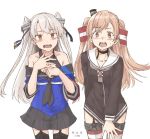  2girls amatsukaze_(kantai_collection) amatsukaze_(kantai_collection)_(cosplay) artist_name black_legwear black_skirt blue_shirt breasts cleavage collarbone cosplay costume_switch cowboy_shot dated dress garter_straps hair_tubes hat johnston_(kantai_collection) johnston_(kantai_collection)_(cosplay) kantai_collection kawashina_(momen_silicon) lifebuoy light_brown_hair long_hair medium_breasts mini_hat multiple_girls off_shoulder open_mouth pleated_skirt red_legwear sailor_collar sailor_dress school_uniform serafuku shirt short_dress silver_hair simple_background skirt striped striped_legwear thighhighs twintails two_side_up upper_body us_medal_of_honor white_background windsock 