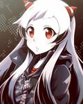  airfield_hime alternate_costume black_jacket clothes_writing contemporary eyelashes highres hood hood_down hooded_jacket horns jacket kantai_collection long_hair looking_afar parted_lips pink_lips red_eyes shinkaisei-kan sidelocks solo tareme tom_(drpow) upper_body white_hair white_skin 