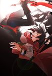  1girl artist_request ass black_hair black_legwear boots breasts cape looking_at_viewer open_mouth pantyhose ruby_rose rwby scythe short_hair silver_eyes skirt smile solo upside-down weapon 