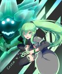  2016 :d alien artist_name bangs belt belt_buckle between_fingers black_jacket black_legwear black_skirt bracelet buckle character_name colored_eyelashes commentary_request crota dated destiny_(game) dual_persona extra_eyes fang genderswap genderswap_(mtf) glowing glowing_eyes green_eyes green_hair hair_between_eyes highres holding holding_weapon jacket jewelry knife kuroda_kuwa long_hair long_sleeves looking_at_viewer miniskirt navel neon_trim no_pupils open_clothes open_jacket open_mouth ponytail robe sidelocks skirt smile stomach thighhighs throwing_knife tsurime v-shaped_eyebrows very_long_hair weapon zettai_ryouiki 