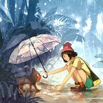  bag bangs bare_arms beanie black_eyes black_hair bob_cut closed_mouth from_side gemi gen_7_pokemon green_shorts ground hat holding holding_umbrella litten looking_at_another mizuki_(pokemon) musaceae nature outdoors outstretched_arms palm_tree plant pokemon pokemon_(creature) pokemon_(game) pokemon_sm profile puddle rain red_footwear red_hat shared_umbrella shirt shoes short_sleeves shorts shoulder_bag smile sneakers squatting swept_bangs t-shirt transparent transparent_umbrella tree tropical umbrella 