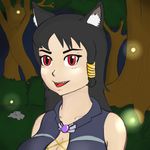  animal_humanoid black_hair breasts canine cleavage clothed clothing cute_fangs dog dog_humanoid fan_character female firefly forest hair humanoid looking_at_viewer mammal portrait red_eyes smile solo standing thedartkid tree 